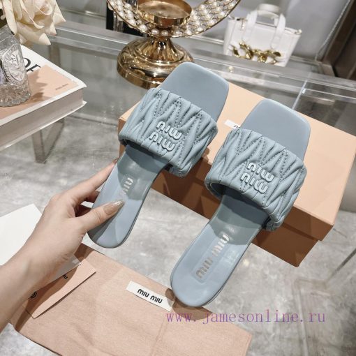 Miu Miu 2024 Spring/Summer New Soft Sheepskin Wrinkled Face Cool Slippers SeriesSweet and samcz7fiam - Image 7