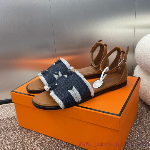 Hermes Spring/Summer Classic Santorini Color blocked I-shaped Dragging Women's Shoes H Home frvj35r6 - Image 6