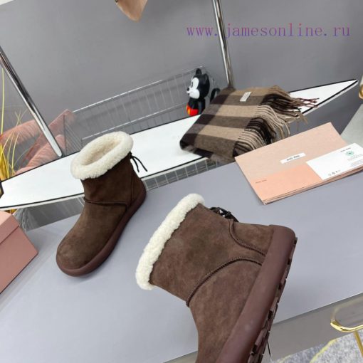 MiuMiu 2024 Autumn/Winter Fashion Style Strapped Wool Short Boots Snow Boots Fury ShoesFrequz18q499n - Image 5