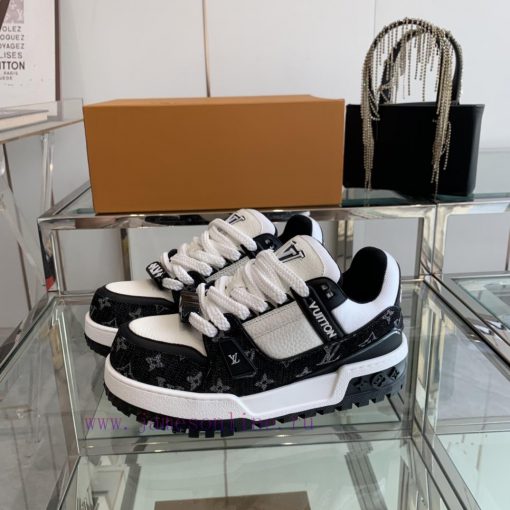 Louis Vuitton 2024 new denim LV Trainer chubby couple's bread shoes casual sports shoes boar4uty2kl2 - Image 3