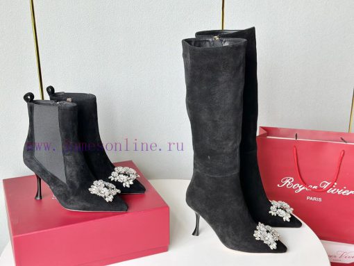 RV2023 Autumn/Winter New Water Diamond Button High Heel Boots Pointed Short/Long BootsSuede 68u2fgdw - Image 10