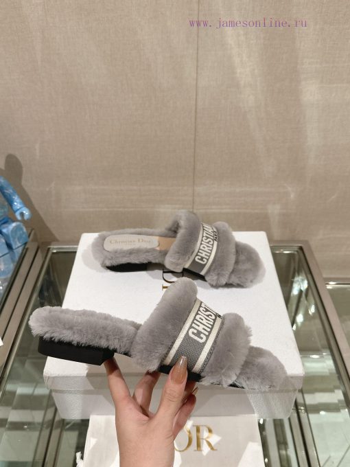 Leather foot pads are flat and gray in color-23Ss Autumn/Winter New Dior One Word Hairy Slip06k5pyoo - Image 3