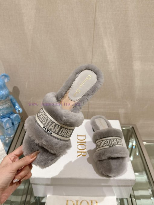 Leather foot pads are flat and gray in color-23Ss Autumn/Winter New Dior One Word Hairy Slip06k5pyoo - Image 5
