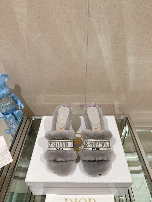 Leather foot pad 8cm gray uniform-23Ss Autumn/Winter New Dior One Word Hairy Slippers Collec1rbx9utj