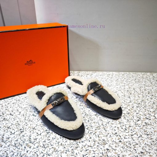 Top Hermes Kelly Buckle Series Woolen Half Slippers H Woolen TrailersOriginal purchase and dycvgykmv - Image 6