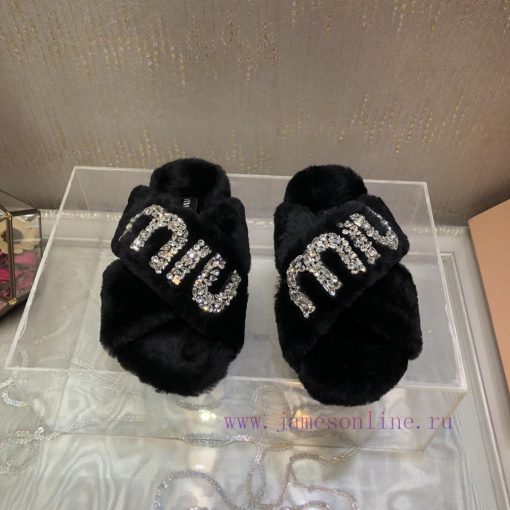 Miu Miu 2023 Autumn/Winter New Product Diamond Buckle Cross Hair Slippers~Versatile and Fashrd6uloto - Image 2