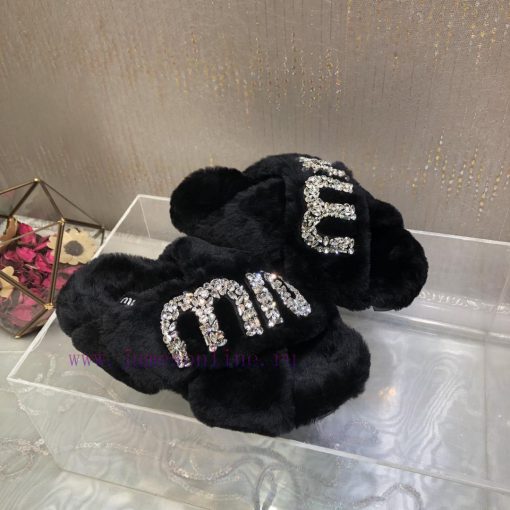 Miu Miu 2023 Autumn/Winter New Product Diamond Buckle Cross Hair Slippers~Versatile and Fashrd6uloto - Image 3