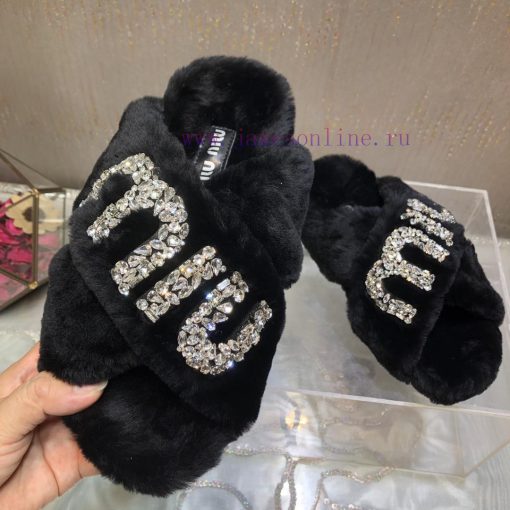 Miu Miu 2023 Autumn/Winter New Product Diamond Buckle Cross Hair Slippers~Versatile and Fashrd6uloto - Image 4