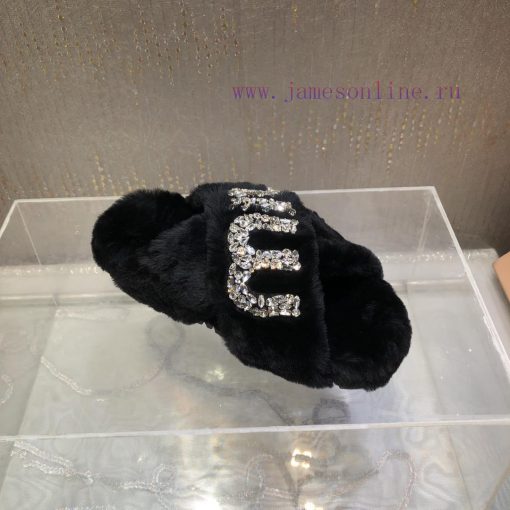 Miu Miu 2023 Autumn/Winter New Product Diamond Buckle Cross Hair Slippers~Versatile and Fashrd6uloto - Image 7