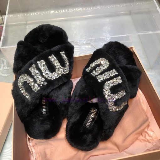 Miu Miu 2023 Autumn/Winter New Product Diamond Buckle Cross Hair Slippers~Versatile and Fashrd6uloto - Image 9
