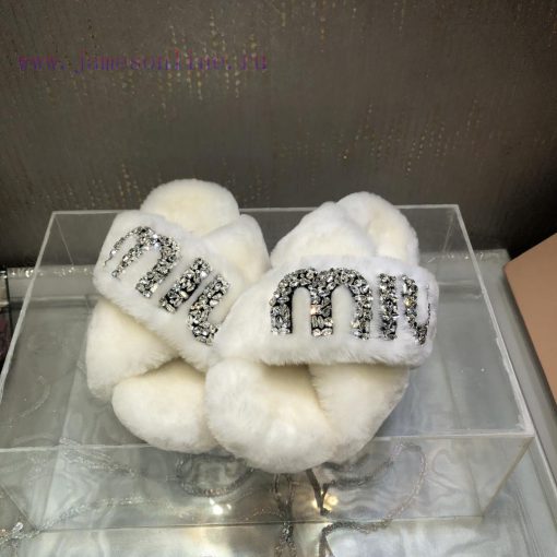 Miu Miu 2023 Autumn/Winter New Product Diamond Buckle Cross Hair Slippers~Versatile and Fashzaksvjc6 - Image 4