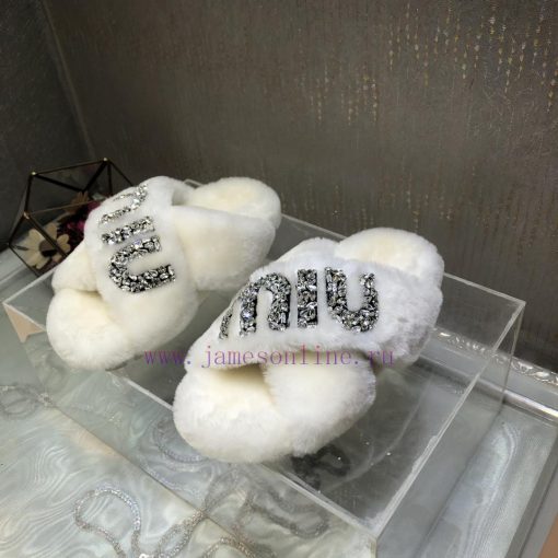 Miu Miu 2023 Autumn/Winter New Product Diamond Buckle Cross Hair Slippers~Versatile and Fashzaksvjc6 - Image 8