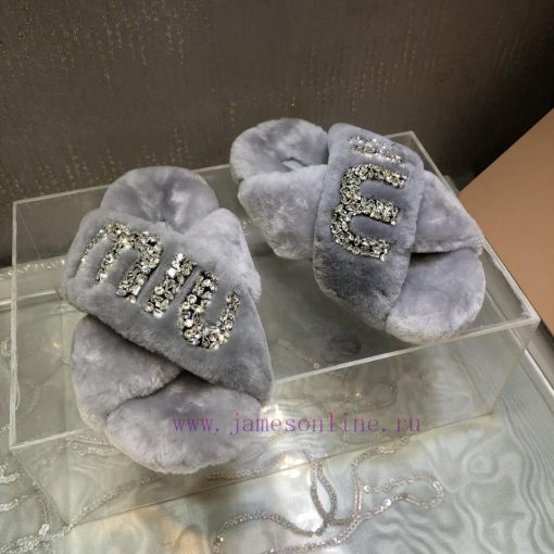 Miu Miu 2023 Autumn/Winter New Product Diamond Buckle Cross Hair Slippers~Versatile and Fashx3kytslh - Image 4