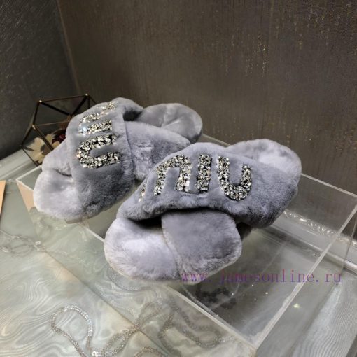 Miu Miu 2023 Autumn/Winter New Product Diamond Buckle Cross Hair Slippers~Versatile and Fashx3kytslh - Image 6