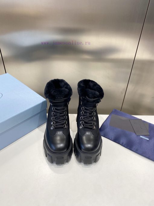 P00Prada Prada Triangle Tag Strap Thick Bottom Wool Short BootsImported pearl cowhide with ob4ugn049