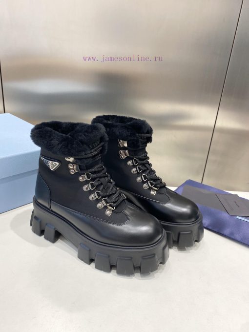 P00Prada Prada Triangle Tag Strap Thick Bottom Wool Short BootsImported pearl cowhide with ob4ugn049 - Image 3