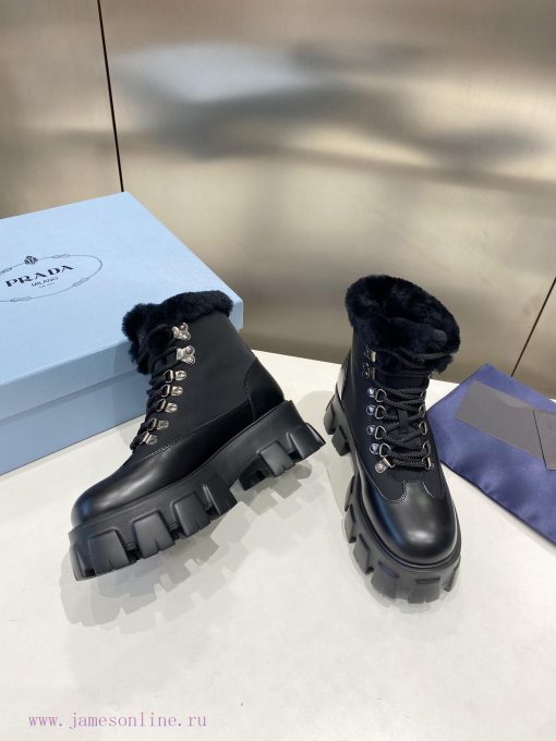 P00Prada Prada Triangle Tag Strap Thick Bottom Wool Short BootsImported pearl cowhide with ob4ugn049 - Image 4