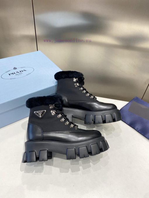 P00Prada Prada Triangle Tag Strap Thick Bottom Wool Short BootsImported pearl cowhide with ob4ugn049 - Image 6