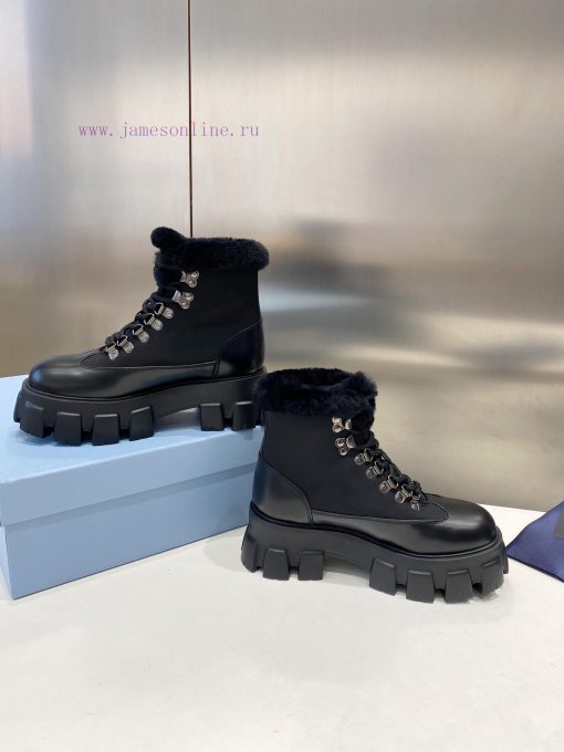 P00Prada Prada Triangle Tag Strap Thick Bottom Wool Short BootsImported pearl cowhide with ob4ugn049 - Image 8