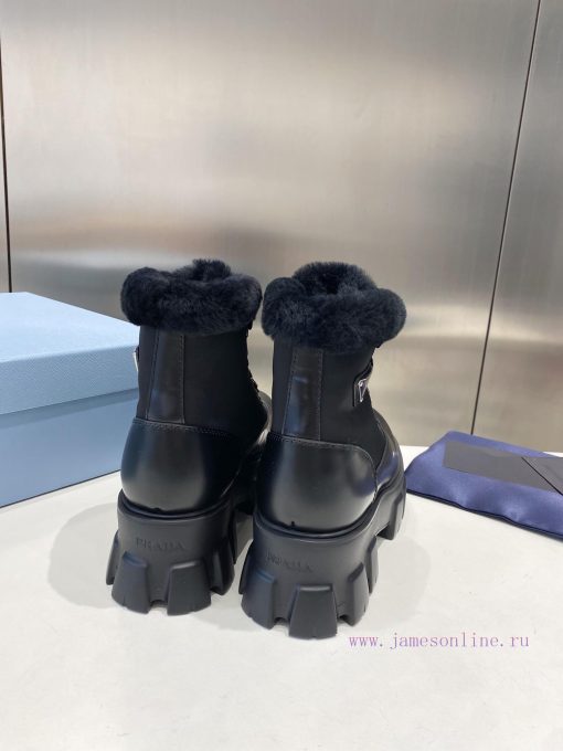 P00Prada Prada Triangle Tag Strap Thick Bottom Wool Short BootsImported pearl cowhide with ob4ugn049 - Image 9