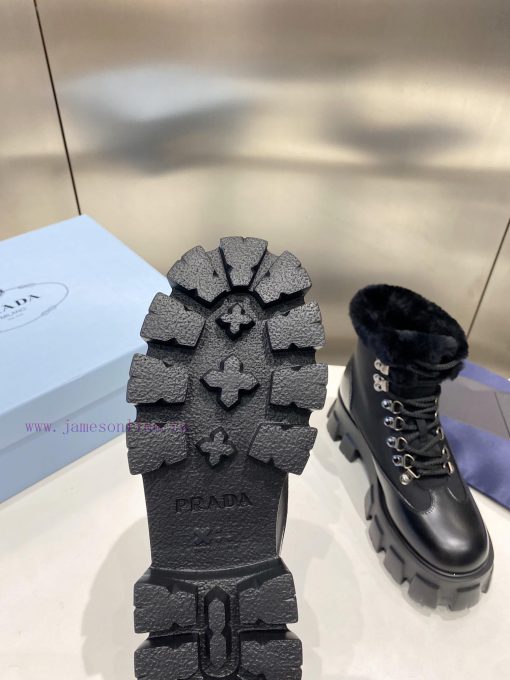 P00Prada Prada Triangle Tag Strap Thick Bottom Wool Short BootsImported pearl cowhide with ob4ugn049 - Image 10