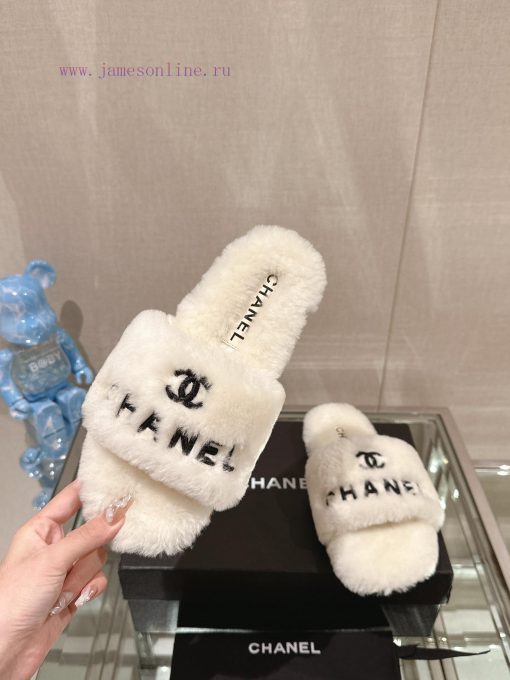 -Chanel 23Ss Autumn/Winter New Chanel Embroidered Logo Hairy One Word SlippersHow important 56hwhkcv - Image 3