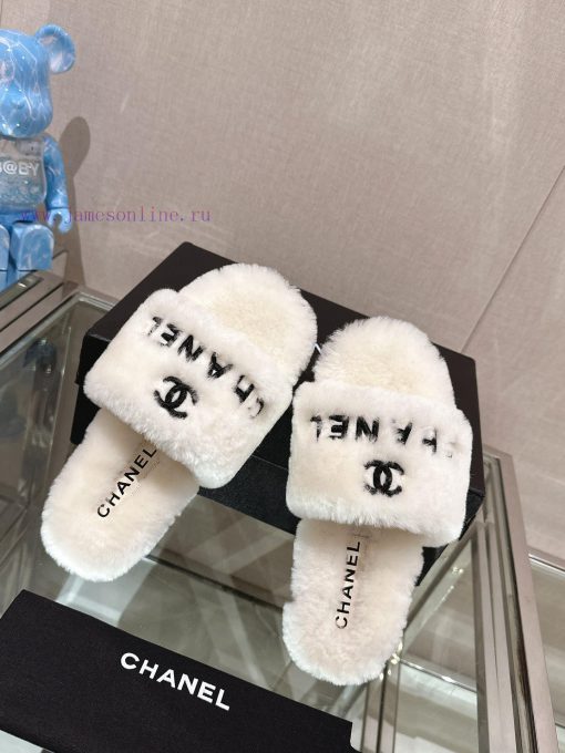 -Chanel 23Ss Autumn/Winter New Chanel Embroidered Logo Hairy One Word SlippersHow important 56hwhkcv - Image 4