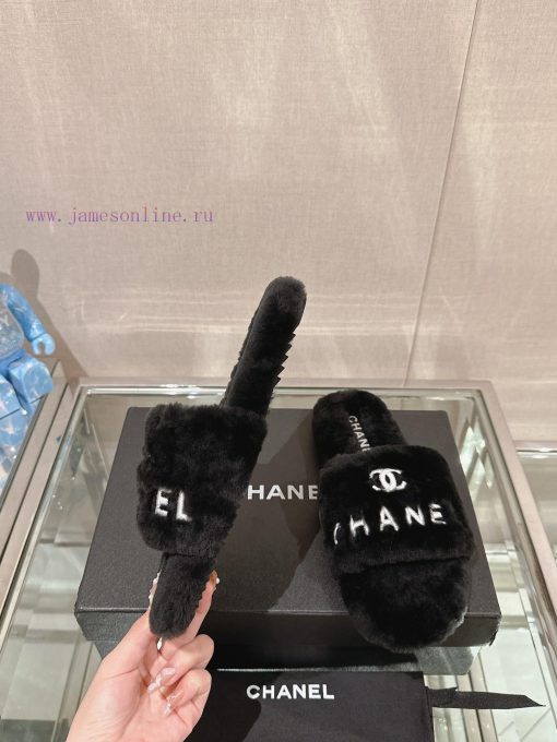 -Chanel 23Ss Autumn/Winter New Chanel Embroidered Logo Hairy One Word SlippersHow important fra1wm04 - Image 4