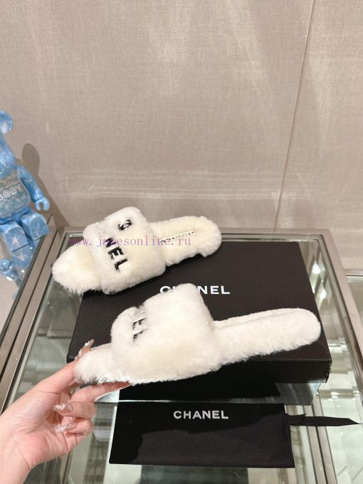 -Chanel 23Ss Autumn/Winter New Chanel Embroidered Logo Hairy One Word SlippersHow important 56hwhkcv - Image 6