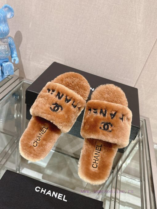 -Chanel 23Ss Autumn/Winter New Chanel Embroidered Logo Hairy One Word SlippersHow important dev6unw4 - Image 4