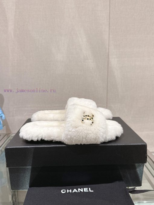 -Chanel 23Ss Autumn/Winter New Collection Chanel Double C Diamond Button Hairy One Word Slipg8bj6tum - Image 3