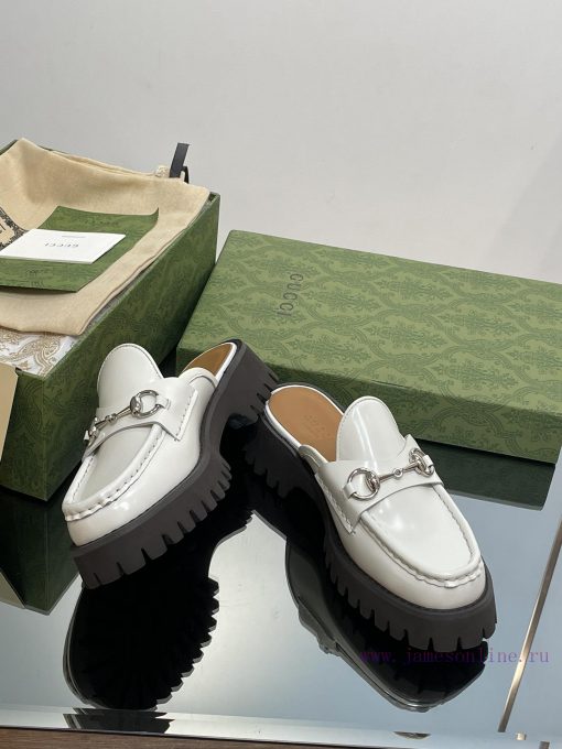 2023 Latest GUCCI Silver Palladium Horseneck Buckle Thick Bottom Lefu Slippers Purchasing Grg8575vdn - Image 7