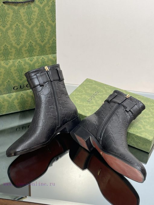 New Gucci Purchasing Grade 2023 New Almond Head Retro Double GG Belt Buckle Ankle Boots Mart8sgch0r1 - Image 7