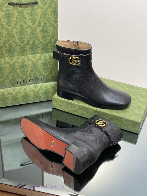 New Gucci Purchasing Grade 2023 New Almond Head Retro Double GG Belt Buckle Ankle Boots Mart8sgch0r1 - Image 10