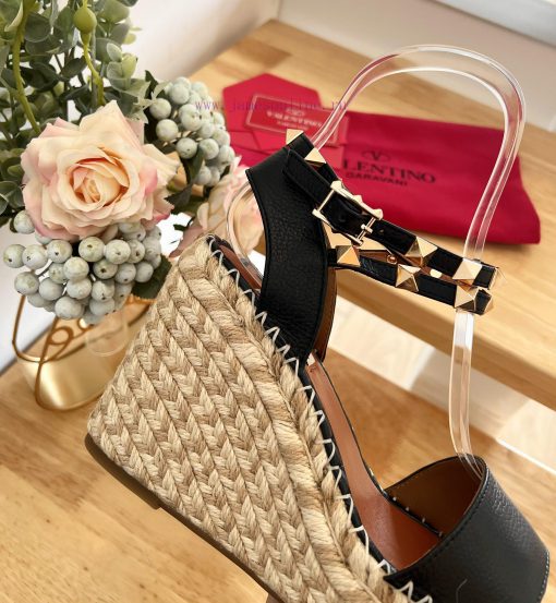 Valentino Garavani Lychee Leather Strap Wedge Sandals-Metal effect processing rivet decoratifw7krh5d - Image 5
