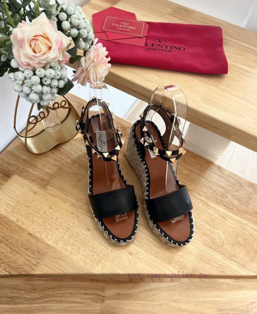 Valentino Garavani Lychee Leather Strap Wedge Sandals-Metal effect processing rivet decoratifw7krh5d - Image 7