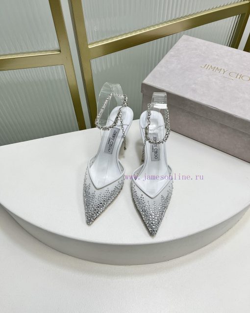 Jimmy Ch * o's new Y-shaped high-heeled fishmouth sandals/mesh studded pointed single shoes/npaiygr8 - Image 2