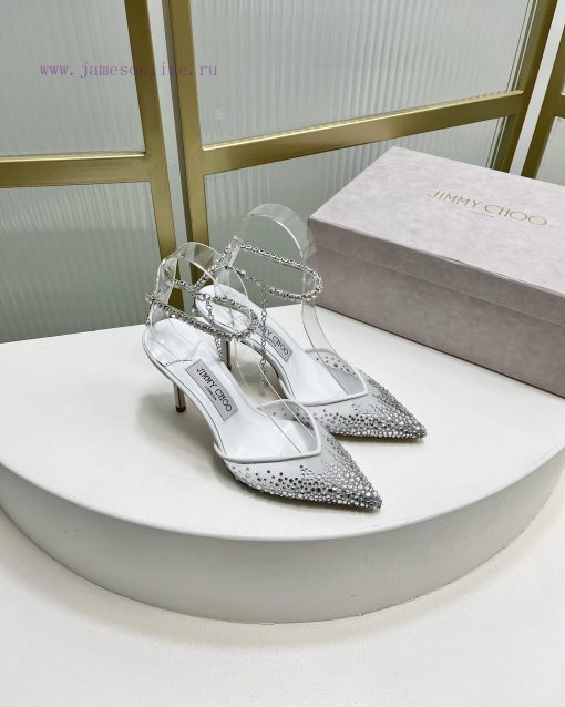 Jimmy Ch * o's new Y-shaped high-heeled fishmouth sandals/mesh studded pointed single shoes/npaiygr8 - Image 4