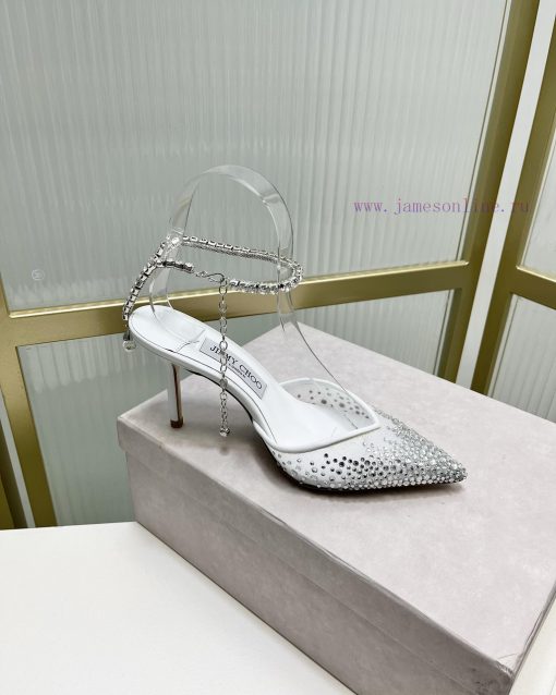 Jimmy Ch * o's new Y-shaped high-heeled fishmouth sandals/mesh studded pointed single shoes/npaiygr8 - Image 7