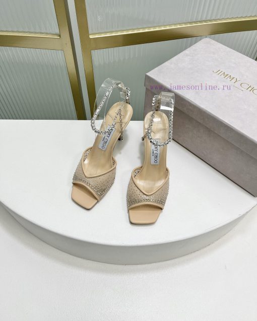 Jimmy Ch * o's new Y-shaped high-heeled fishmouth sandals/mesh studded pointed single shoes/phg46vpw