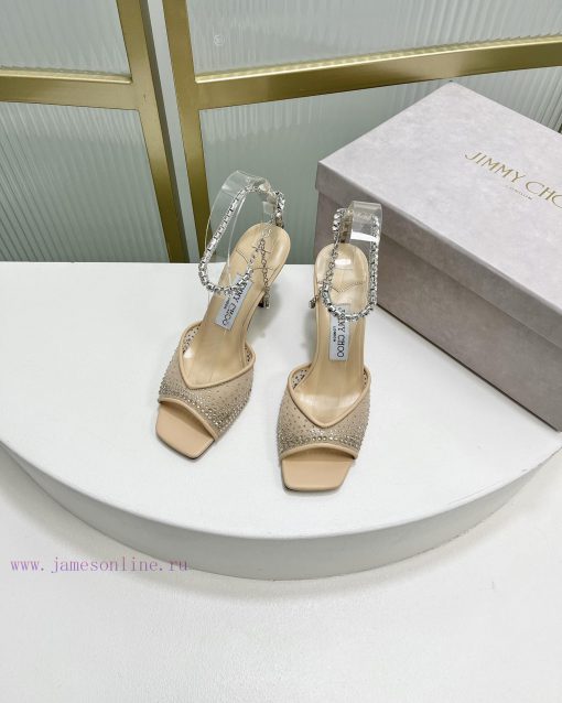 Jimmy Ch * o's new Y-shaped high-heeled fishmouth sandals/mesh studded pointed single shoes/phg46vpw - Image 2