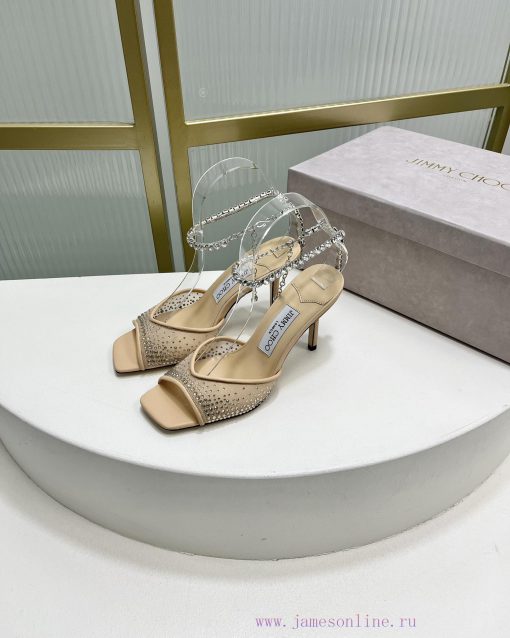 Jimmy Ch * o's new Y-shaped high-heeled fishmouth sandals/mesh studded pointed single shoes/phg46vpw - Image 3