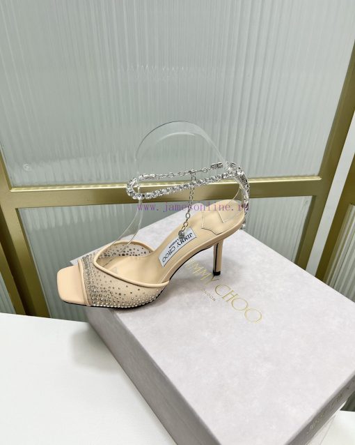 Jimmy Ch * o's new Y-shaped high-heeled fishmouth sandals/mesh studded pointed single shoes/phg46vpw - Image 5