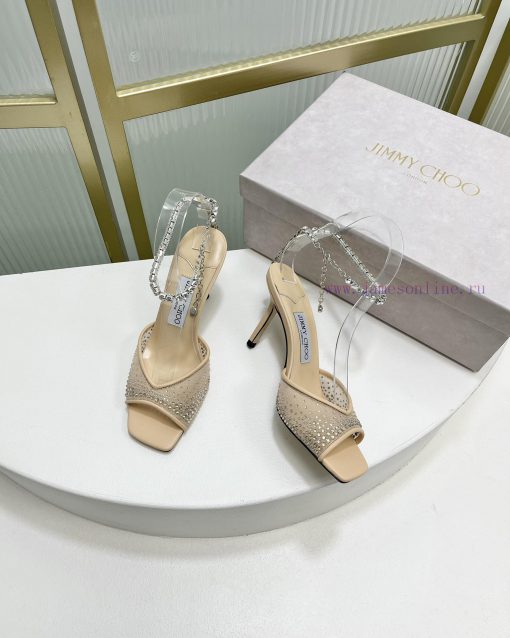 Jimmy Ch * o's new Y-shaped high-heeled fishmouth sandals/mesh studded pointed single shoes/phg46vpw - Image 9