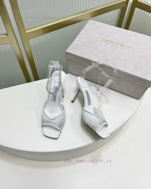 Jimmy Ch * o's new Y-shaped high-heeled fishmouth sandals/mesh studded pointed single shoes/kf2ni9ux - Image 5