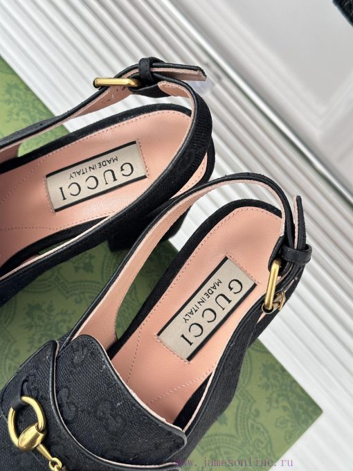 Gucci24S Spring/Summer New ProductHorse collar buckle thick heel sandalsThe fabric is made oa0d0hp2g - Image 9