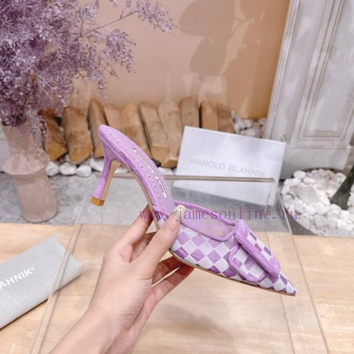 🤍 MANOLO BLAHNlK 2024 New Mb Fashion Little Women's High Heels Checkered Cloth Mill Slipperjwaaoo41 - Image 4
