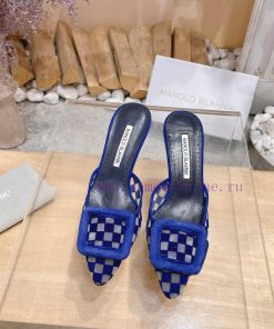 🤍 MANOLO BLAHNlK 2024 New Mb Fashion Little Women's High Heels Checkered Cloth Mill Slippertp7roq06