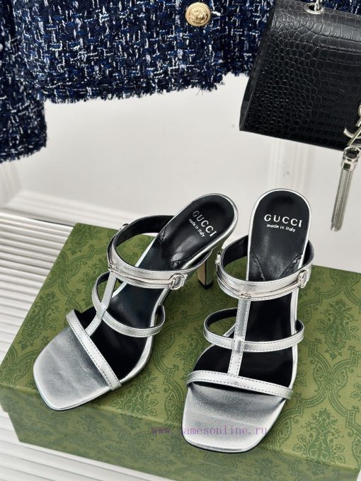 Gucci24S Spring/Summer New Product: Horseneck BuckleHigh-heeled slippersThe fabric is made o87w05r2a - Image 3