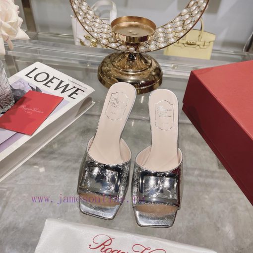 Roger Vivier RV open toed metal square buckle high-heeled slippers with cooldown, new RV earjwoof5o0